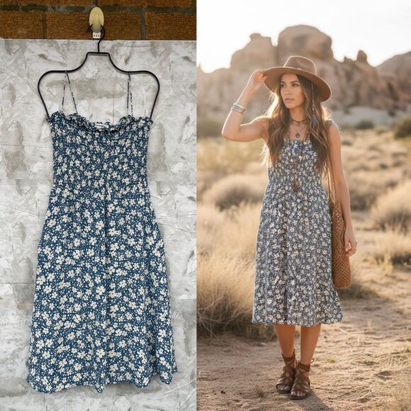 Reformation Blue Floral Sable Midi Dress Smocked S